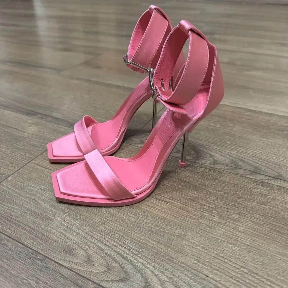 Alexander McQueen Stiletto Sandal Heels Pink Calf Leather Satin US 6.5‎ / 36.5